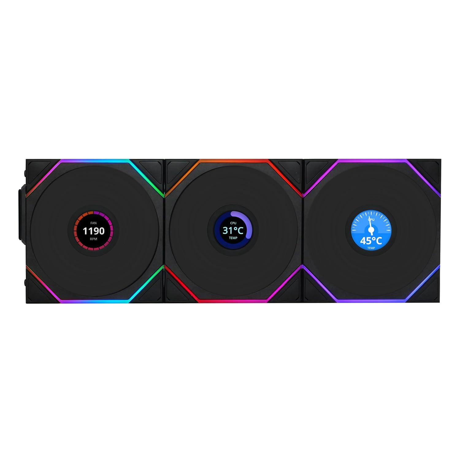 UNI Fan TL LCD Wireless 120 - Triple Pack - Normal Blade (NOT Reverse) - 2.4 Ghz Wireless Signal Control- Daisy-Chain -Customizable Lighting Effects-Controller Included - Black (12TLLCD1W3B)
