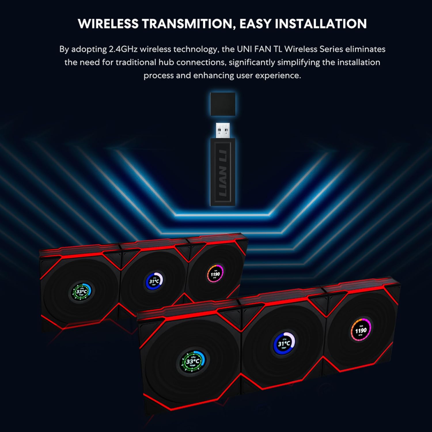 UNI Fan TL LCD Wireless 120 - Triple Pack - Normal Blade (NOT Reverse) - 2.4 Ghz Wireless Signal Control- Daisy-Chain -Customizable Lighting Effects-Controller Included - Black (12TLLCD1W3B)