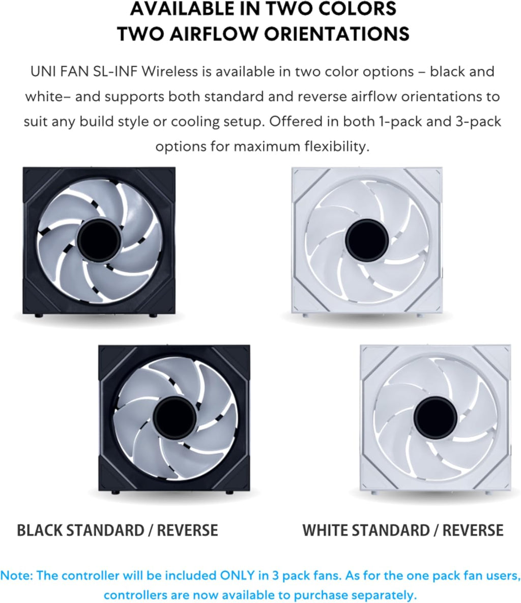 UNI Fan Sl-Infinity Wireless 120 - Triple Pack (Reverse Blade) - 2.4 Ghz Wireless Signal ARGB Fan Control - Double Infinity Mirror - Low Noise - Controller Included - Black (12RSLIN1W3B)
