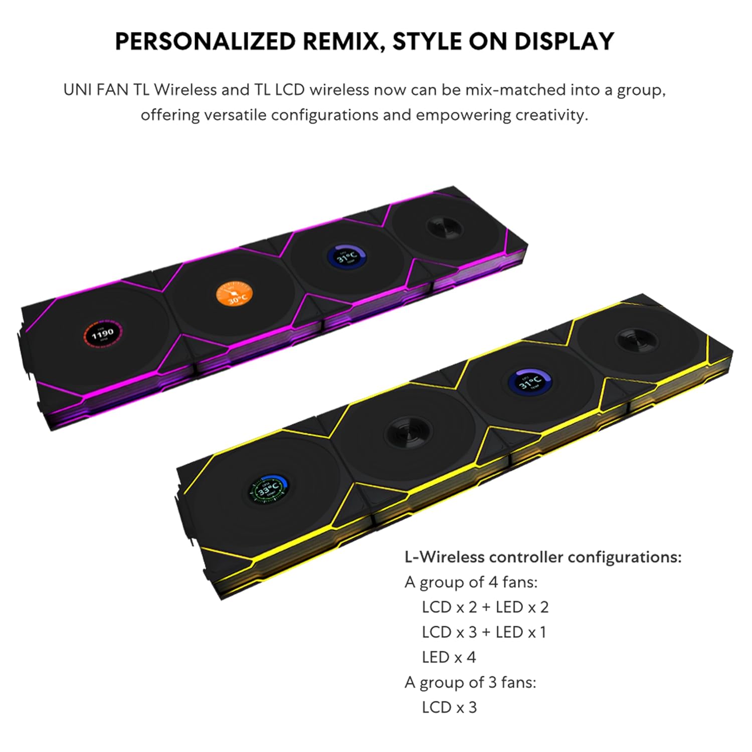 UNI Fan TL LCD Wireless 120 - Triple Pack - Normal Blade (NOT Reverse) - 2.4 Ghz Wireless Signal Control- Daisy-Chain -Customizable Lighting Effects-Controller Included - Black (12TLLCD1W3B)