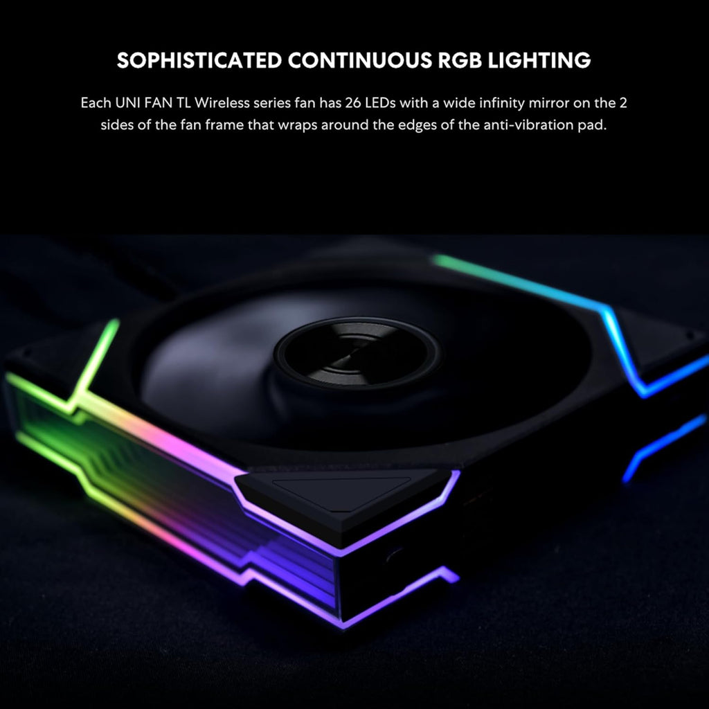 UNI Fan TL LCD Wireless 120 - Triple Pack - Normal Blade (NOT Reverse) - 2.4 Ghz Wireless Signal Control- Daisy-Chain -Customizable Lighting Effects-Controller Included - Black (12TLLCD1W3B)