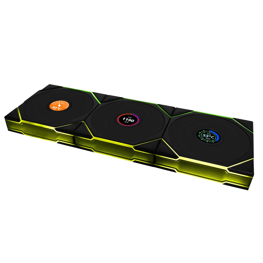 UNI Fan TL LCD Wireless 120 - Triple Pack - Normal Blade (NOT Reverse) - 2.4 Ghz Wireless Signal Control- Daisy-Chain -Customizable Lighting Effects-Controller Included - Black (12TLLCD1W3B)