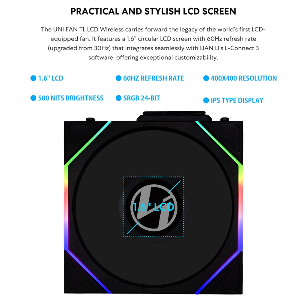UNI Fan TL LCD Wireless 120 - Triple Pack - Normal Blade (NOT Reverse) - 2.4 Ghz Wireless Signal Control- Daisy-Chain -Customizable Lighting Effects-Controller Included - Black (12TLLCD1W3B)