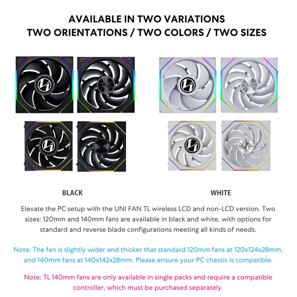 UNI Fan TL LCD Wireless 120 - Triple Pack - Normal Blade (NOT Reverse) - 2.4 Ghz Wireless Signal Control- Daisy-Chain -Customizable Lighting Effects-Controller Included - Black (12TLLCD1W3B)