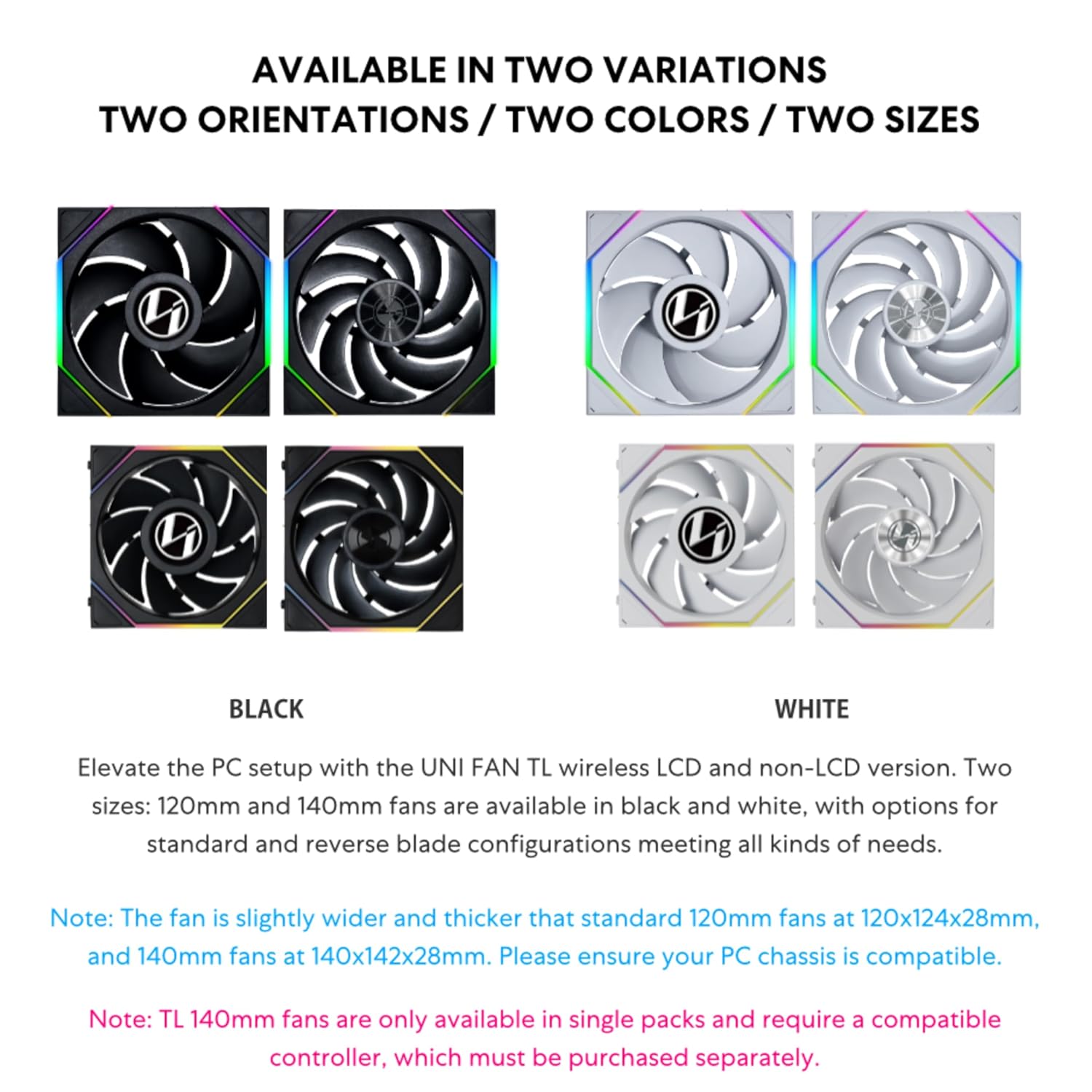 UNI Fan TL LCD Wireless 120 - Triple Pack - Normal Blade (NOT Reverse) - 2.4 Ghz Wireless Signal Control- Daisy-Chain -Customizable Lighting Effects-Controller Included - Black (12TLLCD1W3B)