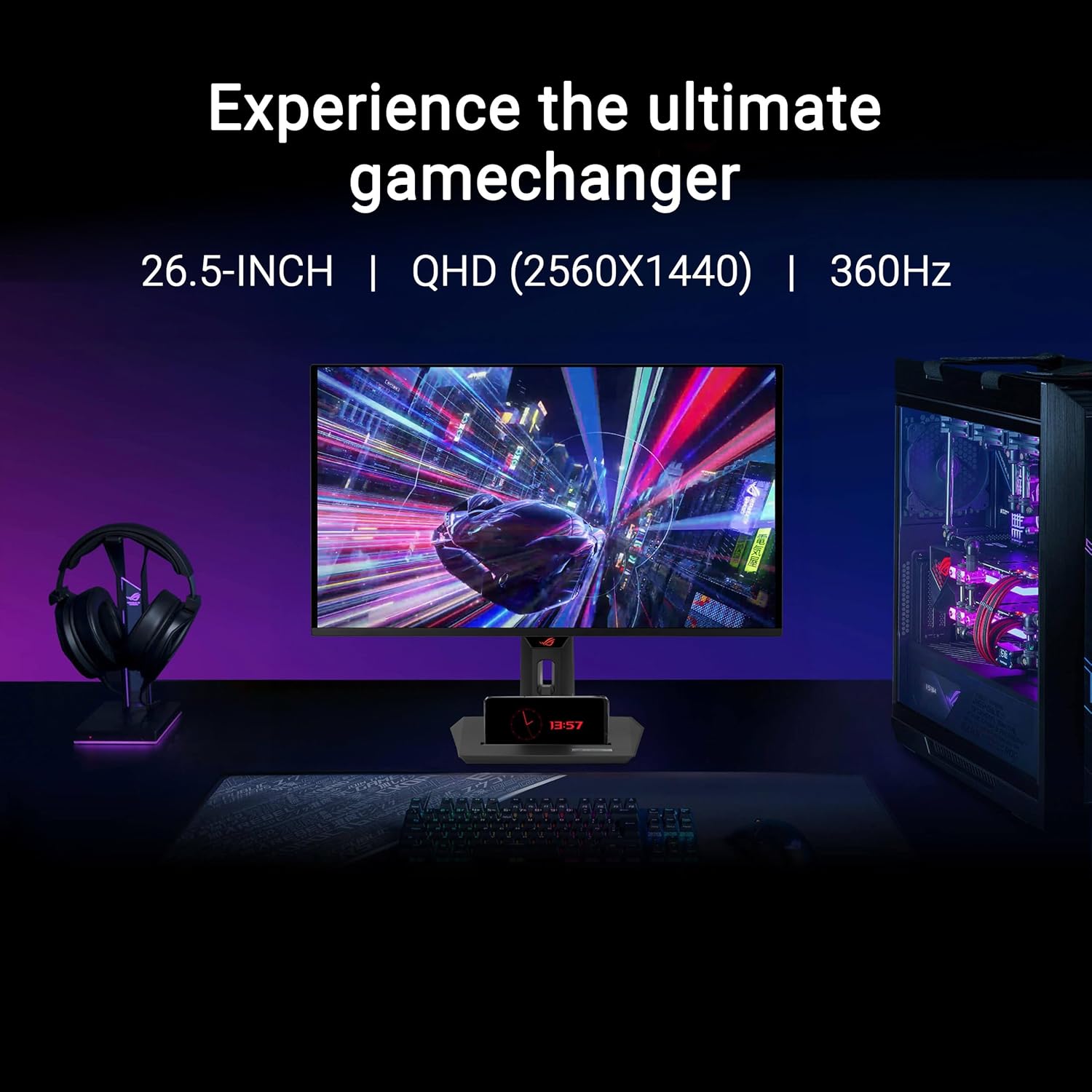 ROG Strix 26.5” 1440P QD-OLED Gaming Monitor (XG27ACDNG) -QHD (2560X1440), 360Hz, 0.03Ms, Custom Heatsink, OLED Care+, G-SYNC Compatible, 99% DCI-P3, Displaywidget, AI Gaming, 3Yr Warranty